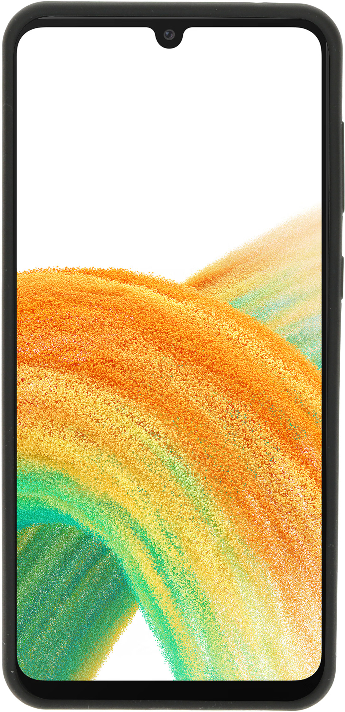 Een mobiele telefoon met een scherm dat een abstract ontwerp in oranje, geel en groen weergeeft.