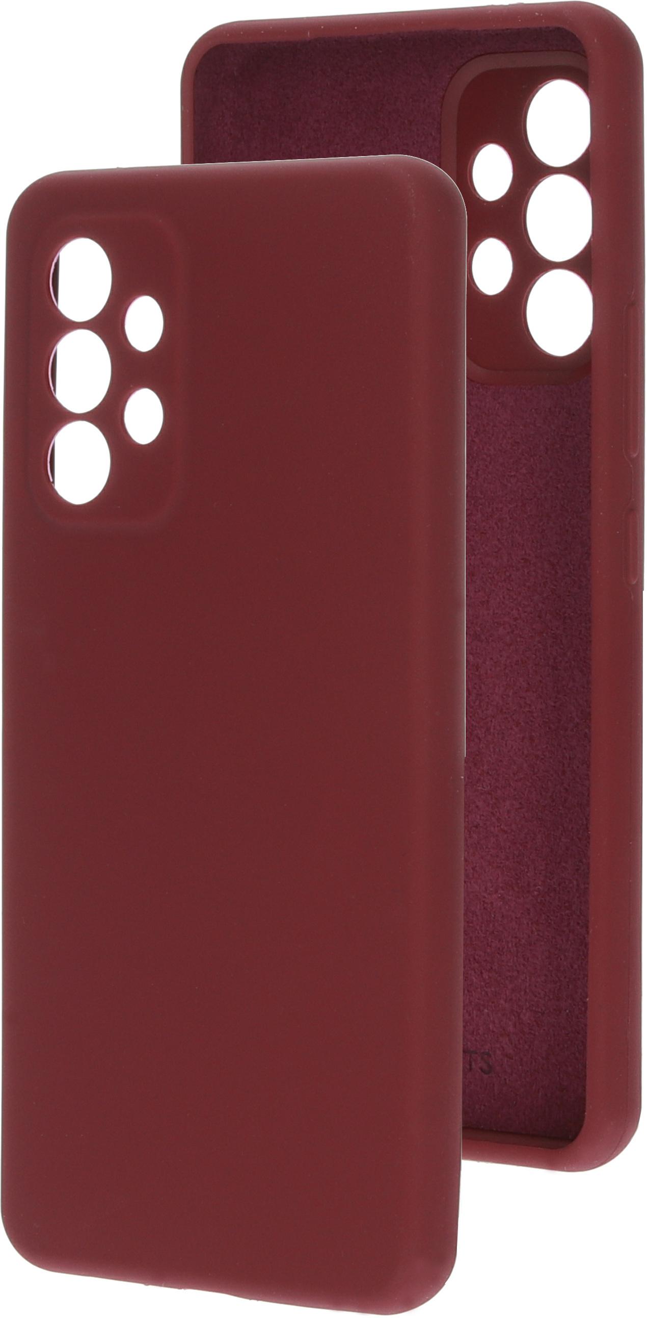 Twee bordeauxrode telefoonhoesjes, één op de telefoon en één ernaast.