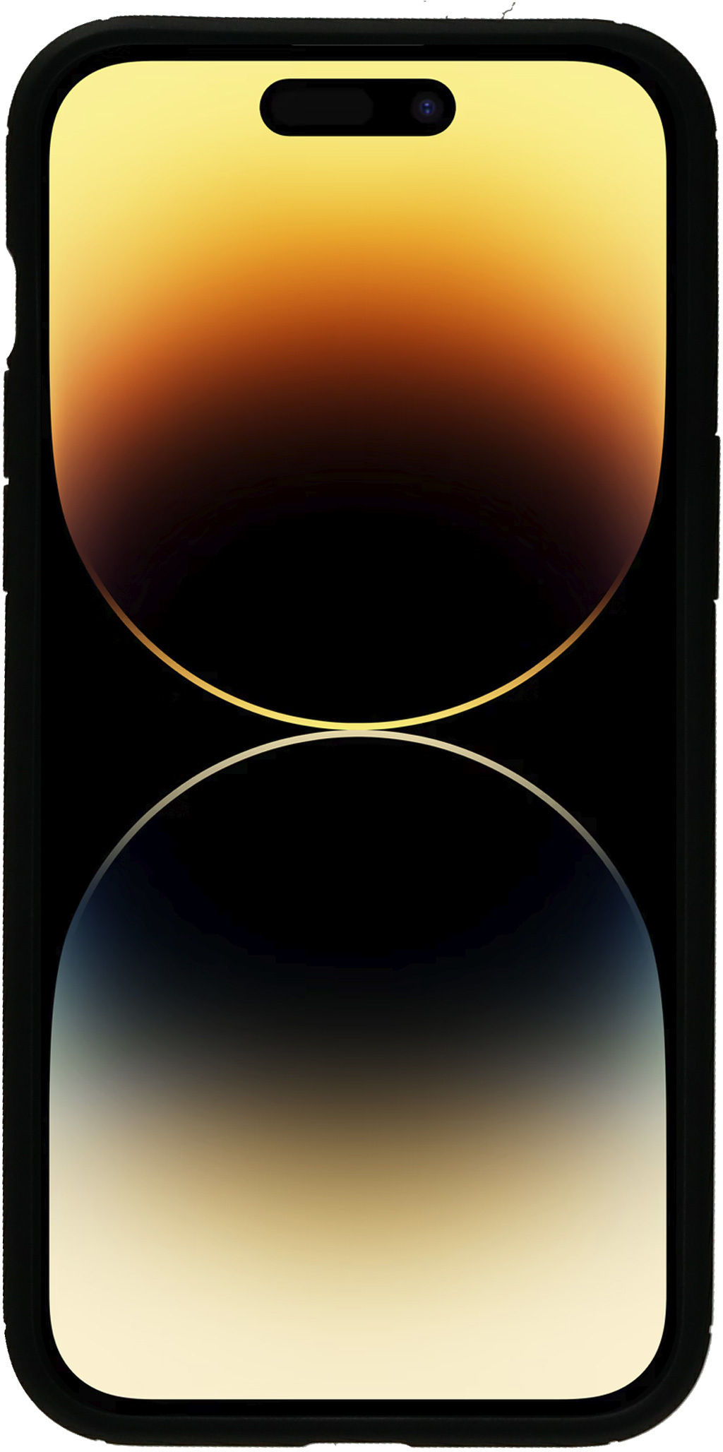 Een smartphone met een zwart hoesje. Het scherm toont een gradiëntontwerp in goud en zwart.