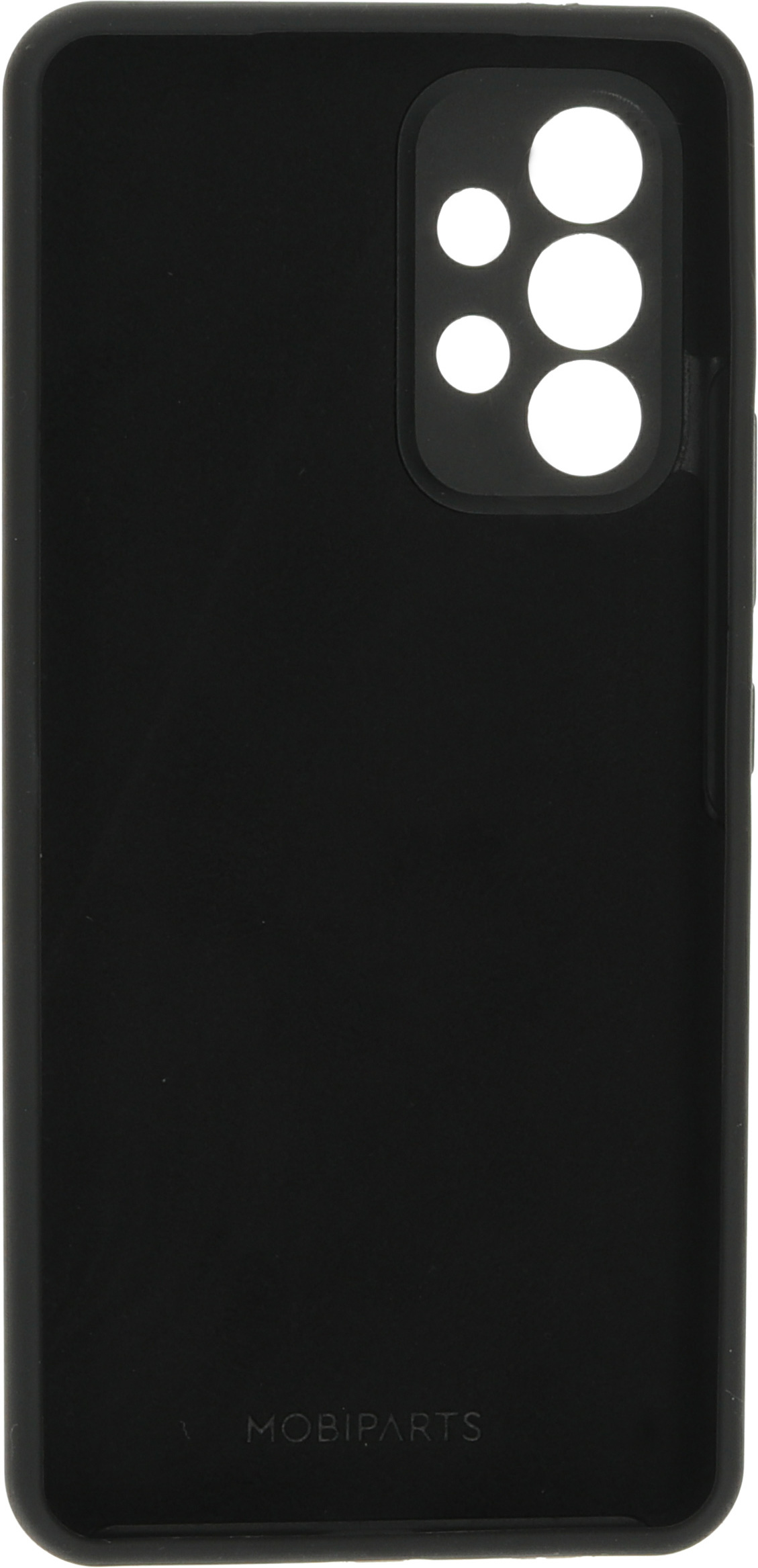 Zwarte telefoonhoes met camera-uitsparingen en MobiParts-logo. Witte achtergrond.