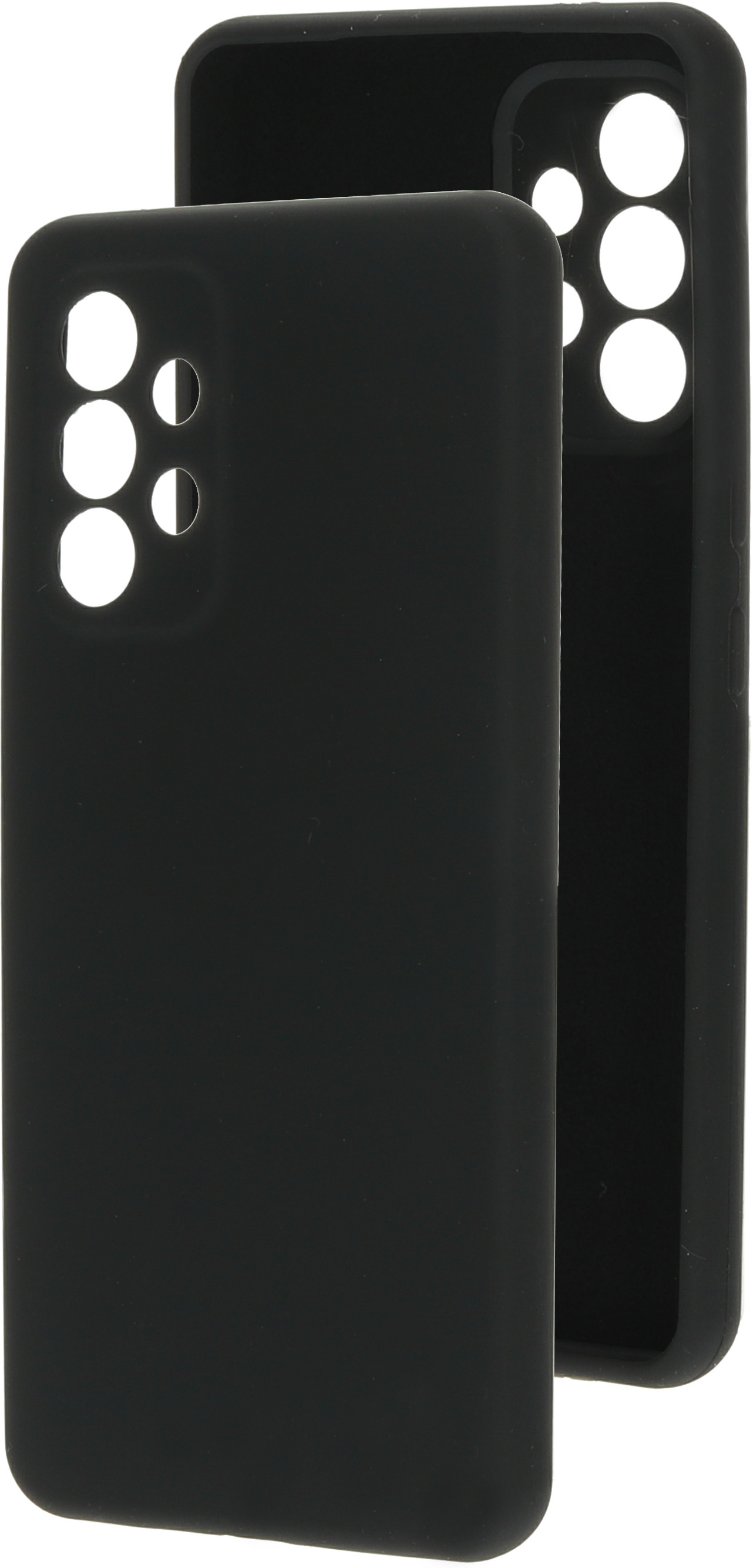 Twee zwarte telefoonhoesjes. Eén staat vooraan. De andere staat achteraan. Beide hebben cameralenzen.