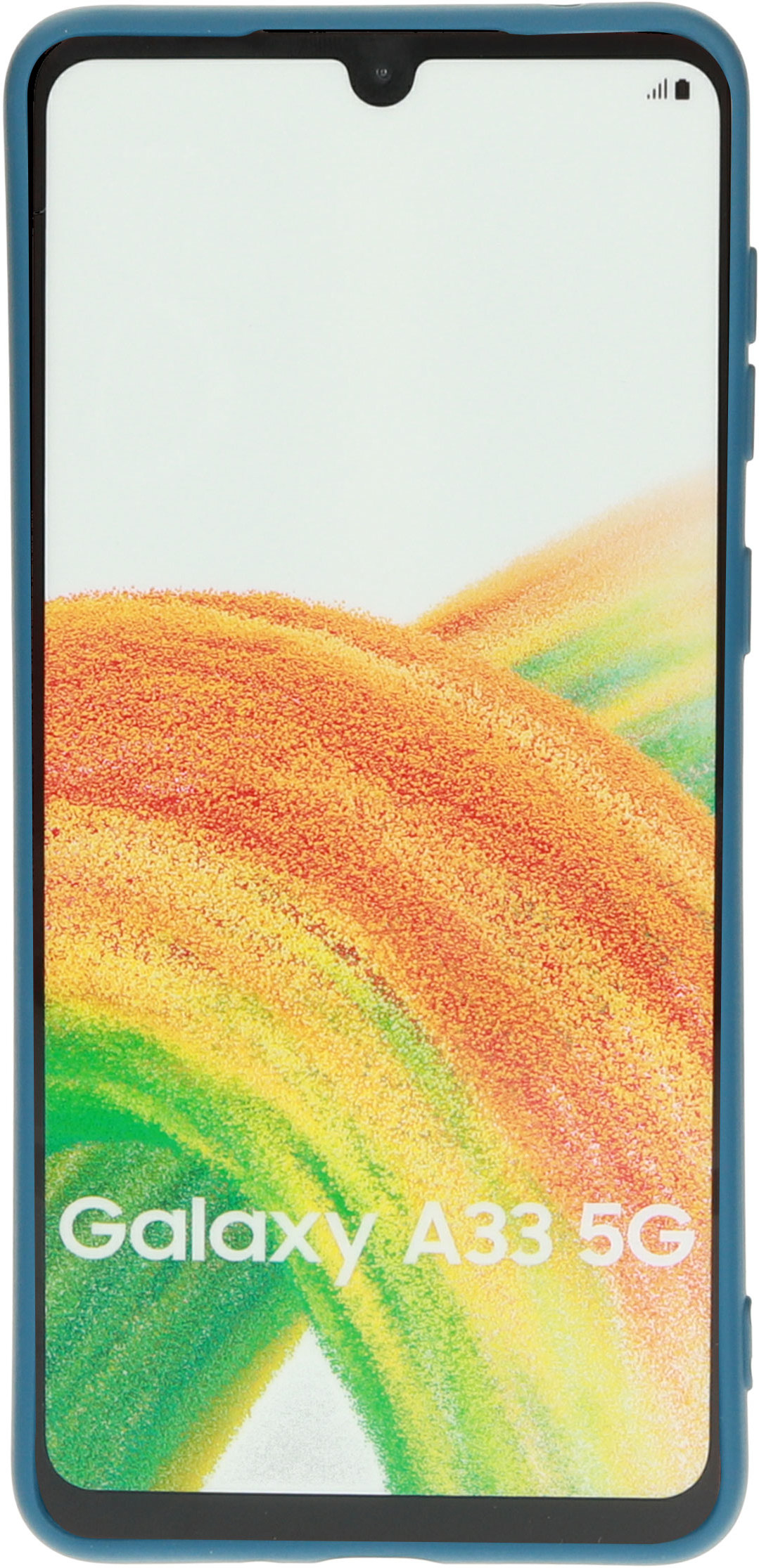 Blauw omlijnde telefoon met kleurrijke abstracte achtergrond en Galaxy A33 5G tekst.