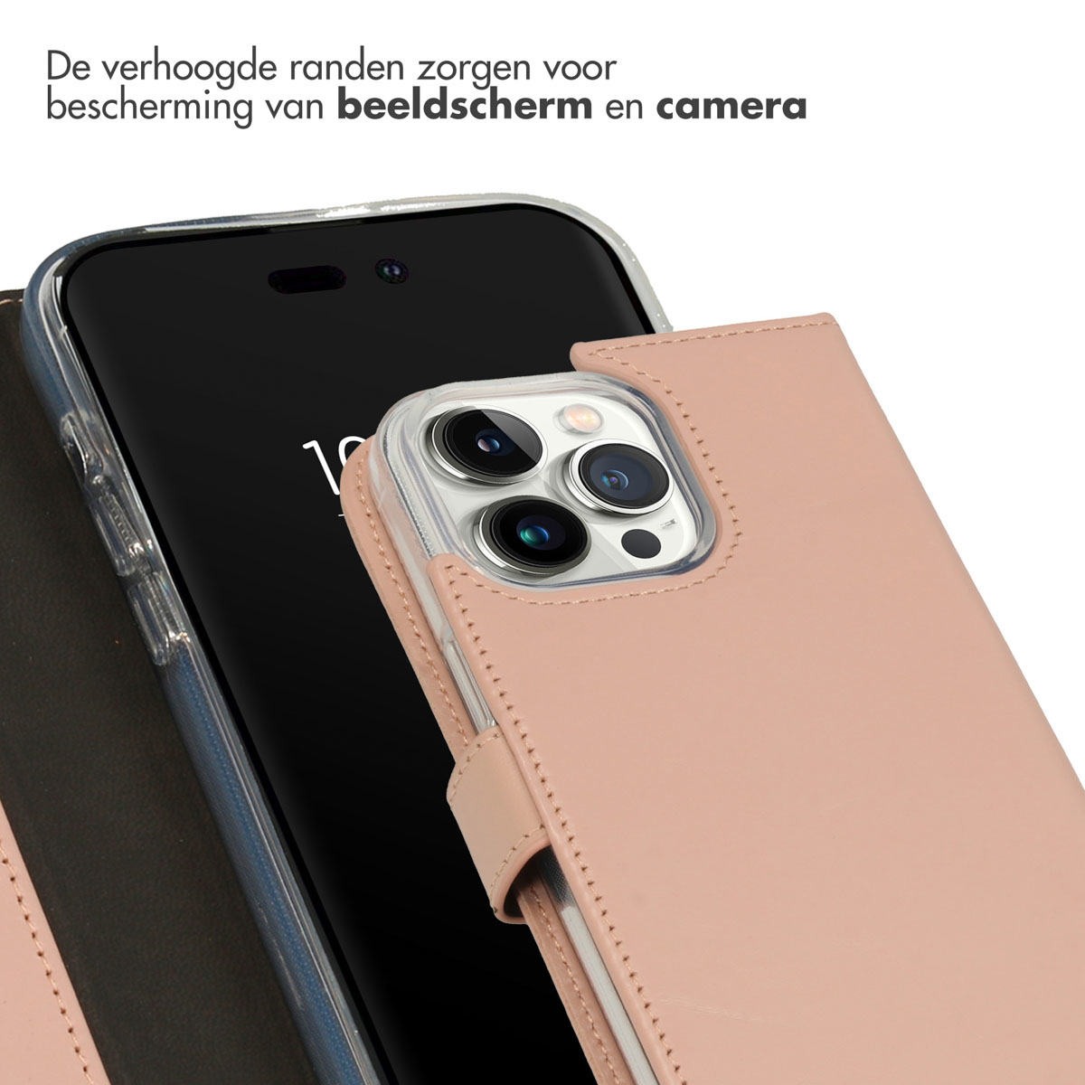 Close-up van een telefoon in een roze hoesje. De tekst luidt: De verhoogde randen beschermen het scherm en de camera.