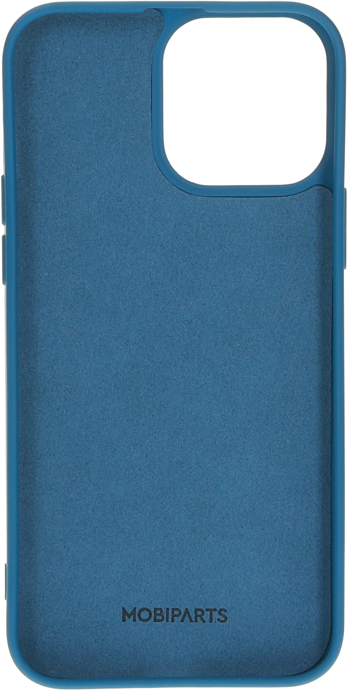Een blauwe telefoonhoes. De binnenkant is lichtblauw. De merknaam 'MOBIPARTS' staat onderaan.