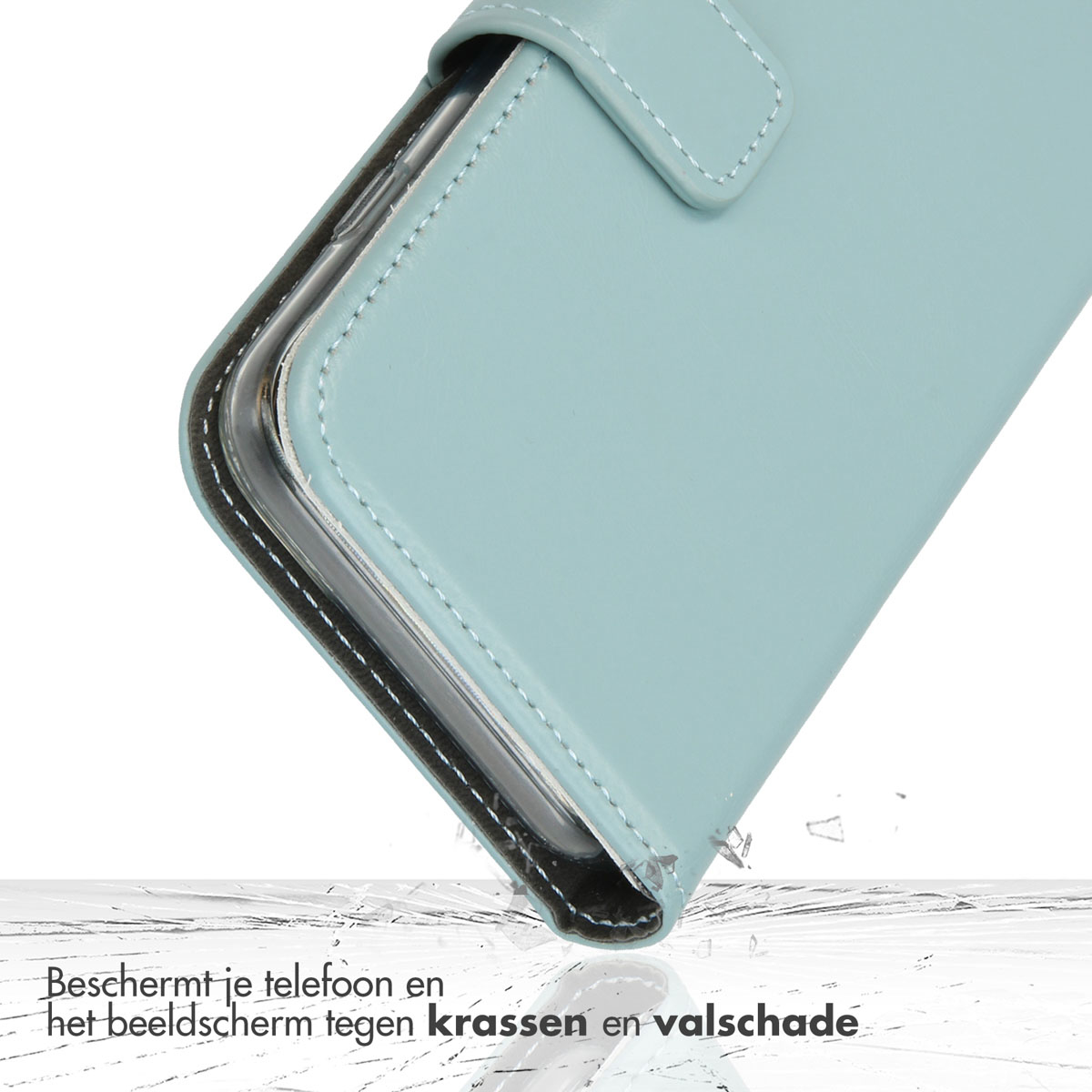 Blauw telefoonhoesje met tekst: 'Bescherm je telefoon en het scherm tegen krassen en schade'.