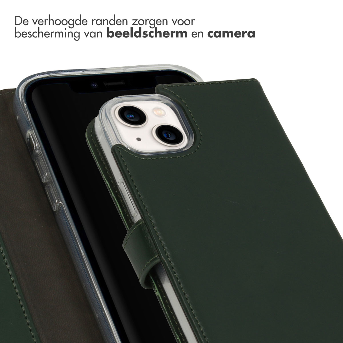 Coque vert foncé protégeant un téléphone. Texte : 'Les bords surélevés protègent l'écran et la caméra'.