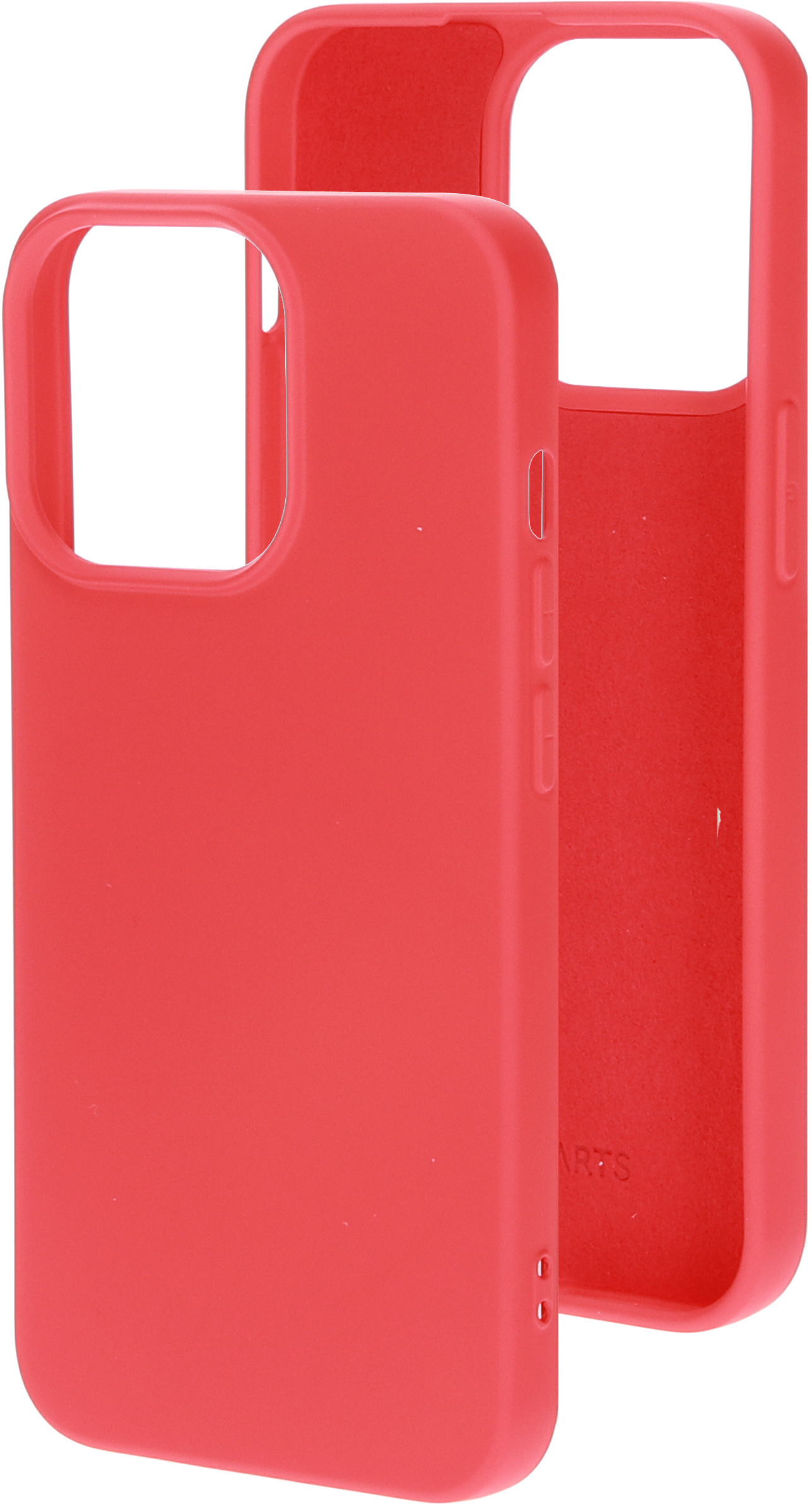 Twee rode telefoonhoesjes. Eén staat vooraan. De andere staat achteraan. Beide hebben een cameralens.