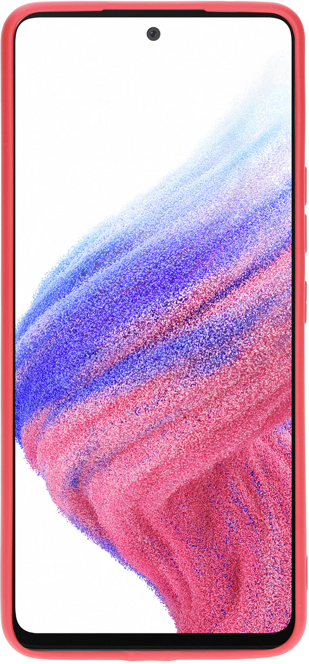 Rood telefoonhoesje met telefoonscherm met een kleurrijk abstract ontwerp.