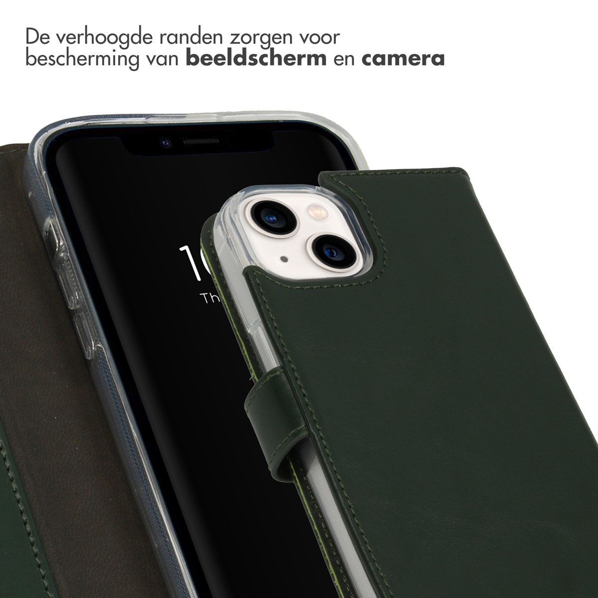 Een telefoon in een groene case zit in een transparante case. De telefoon is gedeeltelijk bedekt.