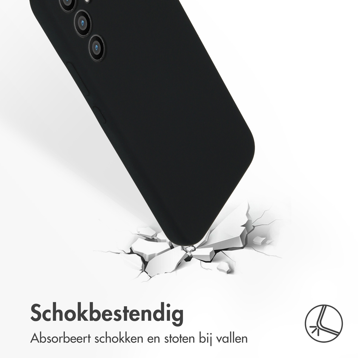 Un étui de téléphone noir est montré, et une surface blanche est brisée. Le texte 'Schokbestendig' est visible.