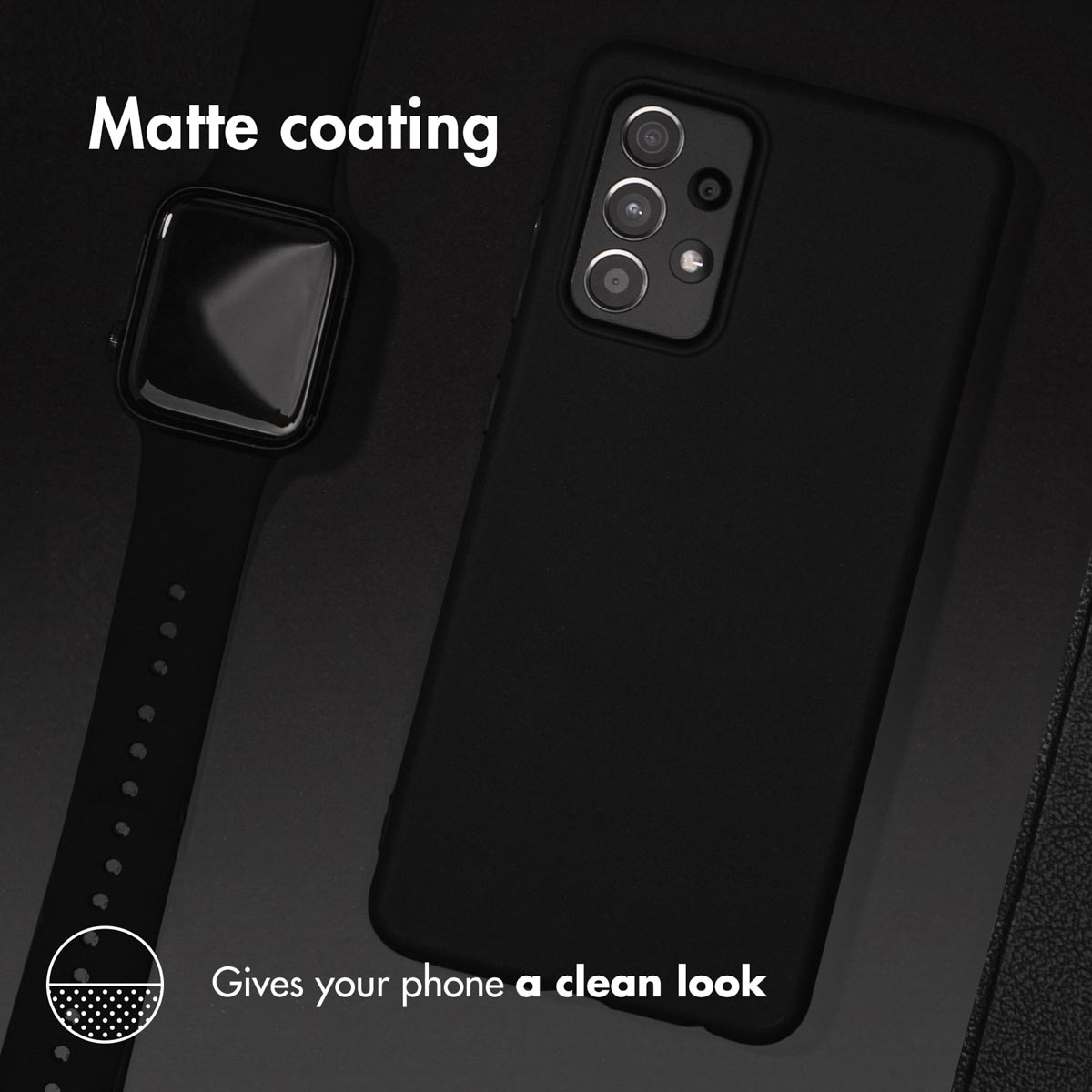Une coque de téléphone noire et une montre connectée noire. Le téléphone est à droite et la montre connectée à gauche.
