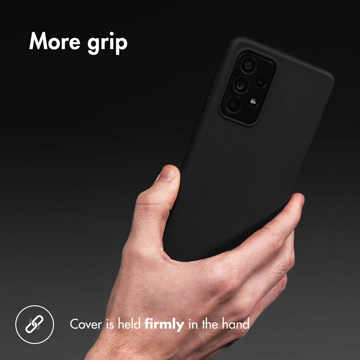 Main tenant une coque de téléphone noire, texte 'Plus d'adhérence' et 'La coque est bien maintenue'.