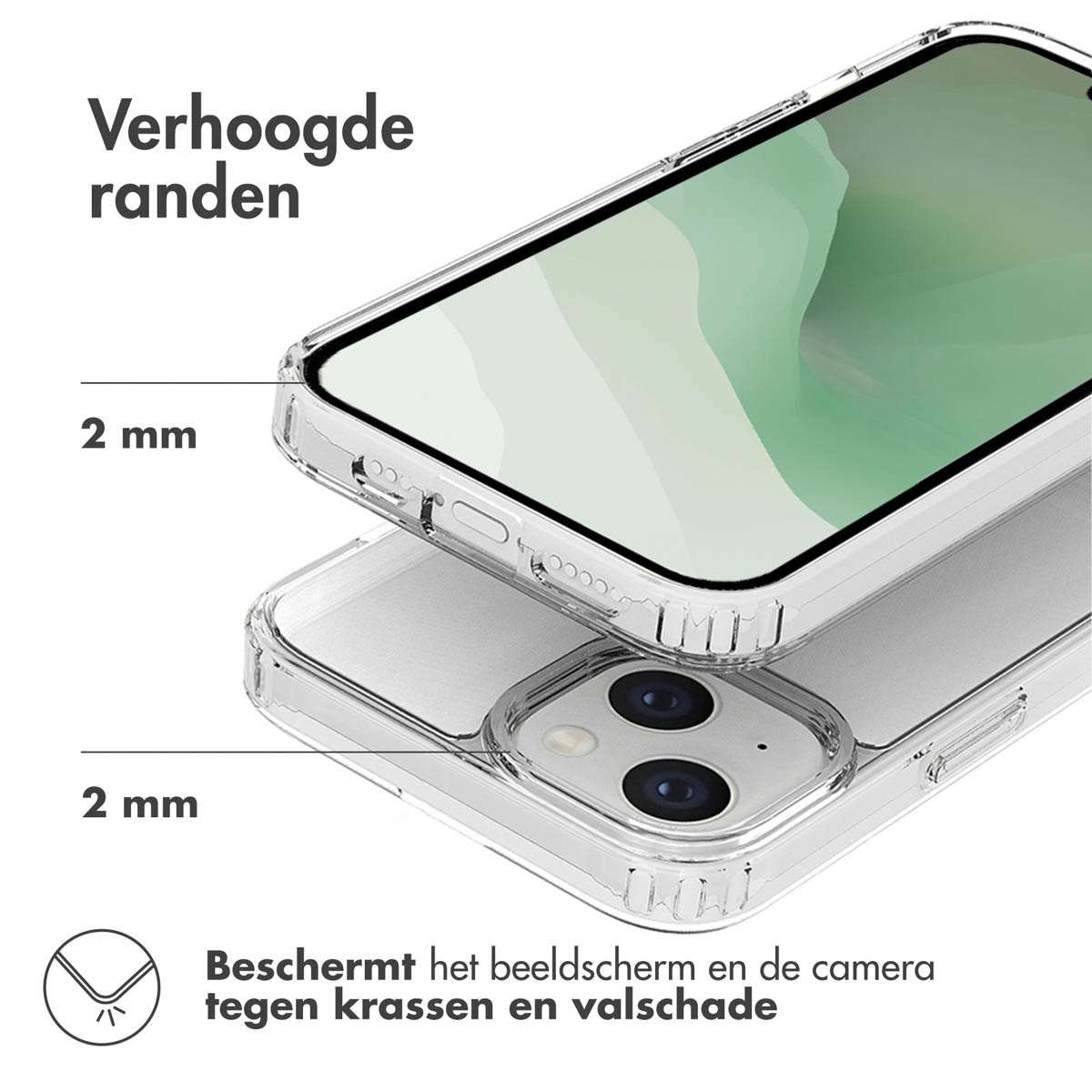 Een telefoonhoesje dat zijn ontwerp toont. De hoes is transparant en toont de knoppen van de telefoon.