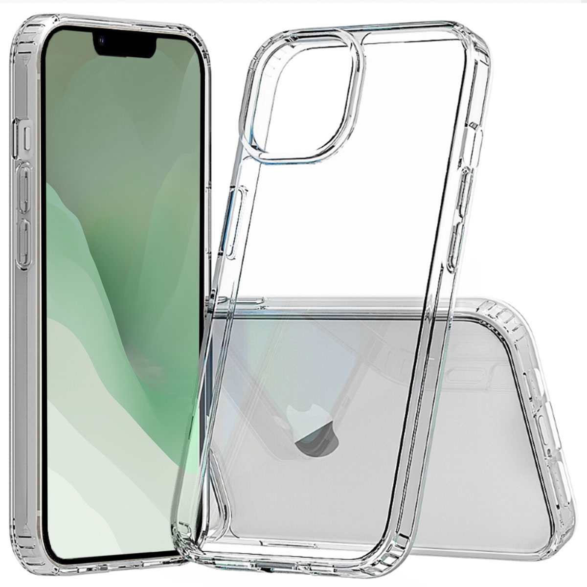 Telefoon in een doorzichtige hoes, met een groene wallpaper, op een witte achtergrond.