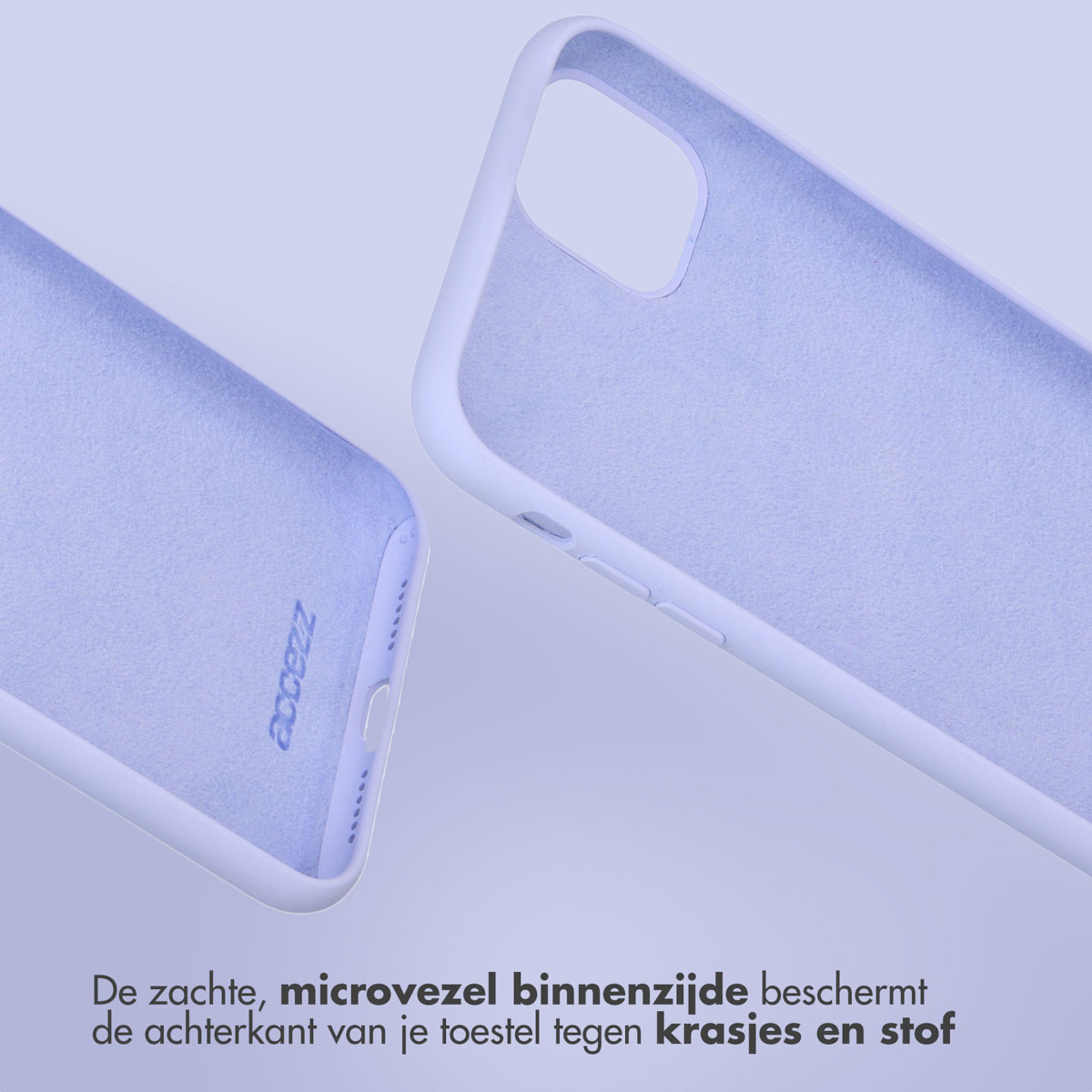 Zwei hellviolette Handyhüllen. Text: Die weiche Mikrofaser schützt die Rückseite Ihres Geräts.