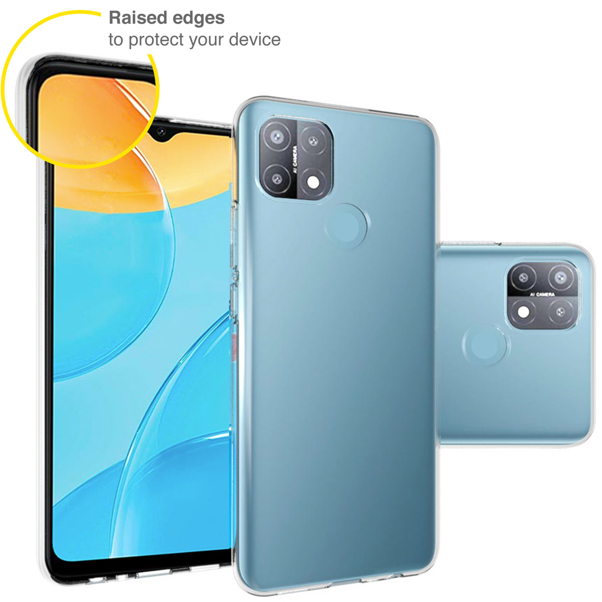 Drie telefoons in transparante hoesjes. Eén toont het scherm. De hoesjes zijn doorzichtig.