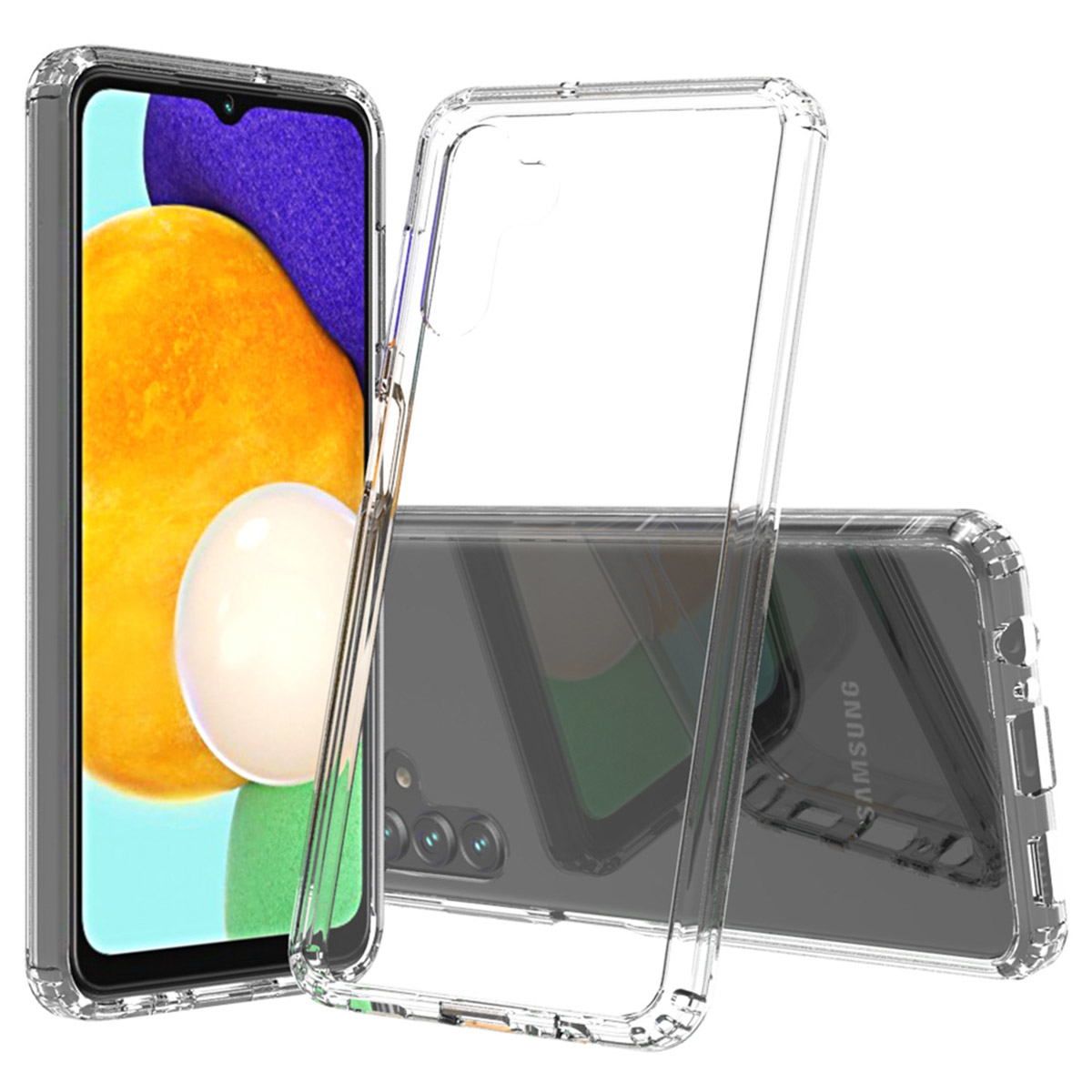 Trois coques de téléphone transparentes. Une est derrière le téléphone. Une autre recouvre le téléphone.