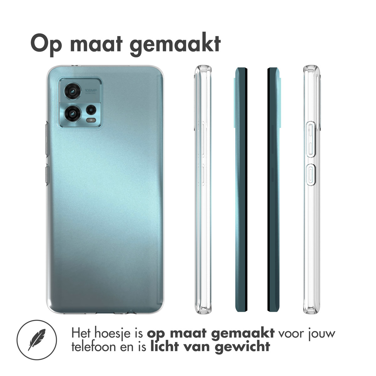 Téléphone bleu avec coques, montrant l'arrière et les côtés avec coque.