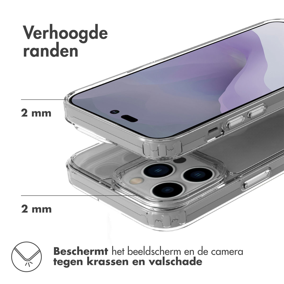 Deux coques de téléphone transparentes. La supérieure est au-dessus de l'autre. Le texte dit 2mm.