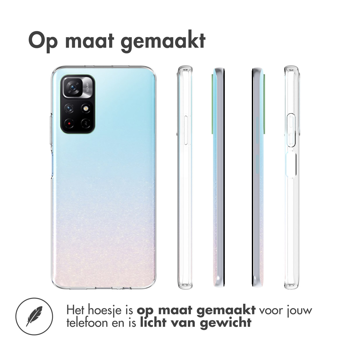 Coque de téléphone bleue et blanche avec plusieurs vues, sur fond blanc.