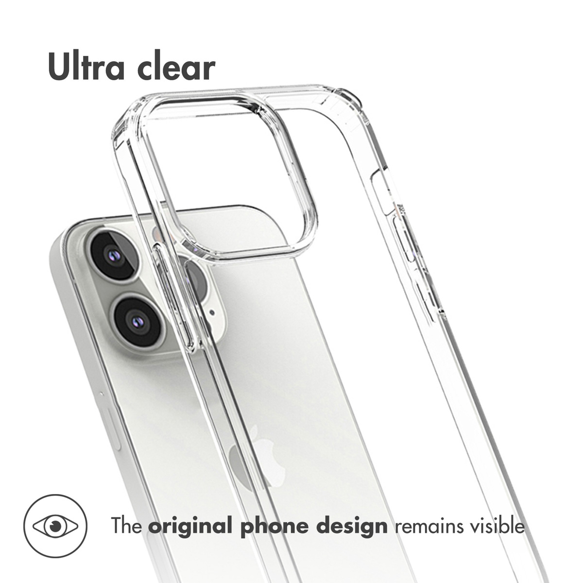 Custodia trasparente su un telefono. Il design del telefono è visibile. Testo: Ultra trasparente.