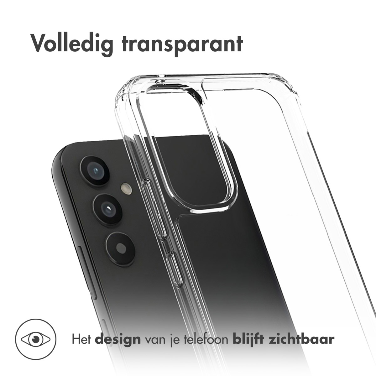 Coque transparente sur un téléphone noir, le texte dit que le design reste visible.