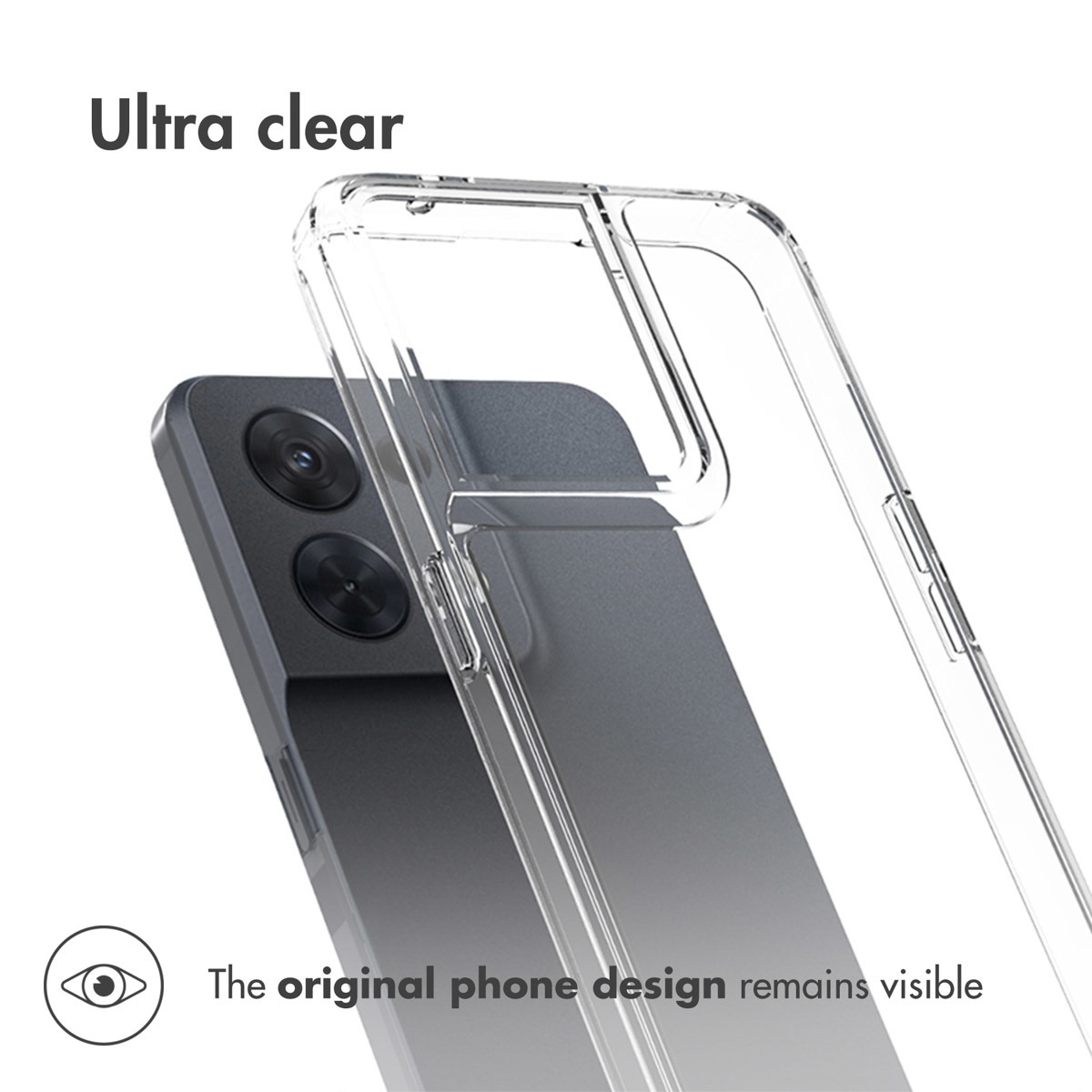 Un téléphone à l'intérieur d'une coque transparente. Le téléphone a des caméras et le texte dit 'Ultra clair'.