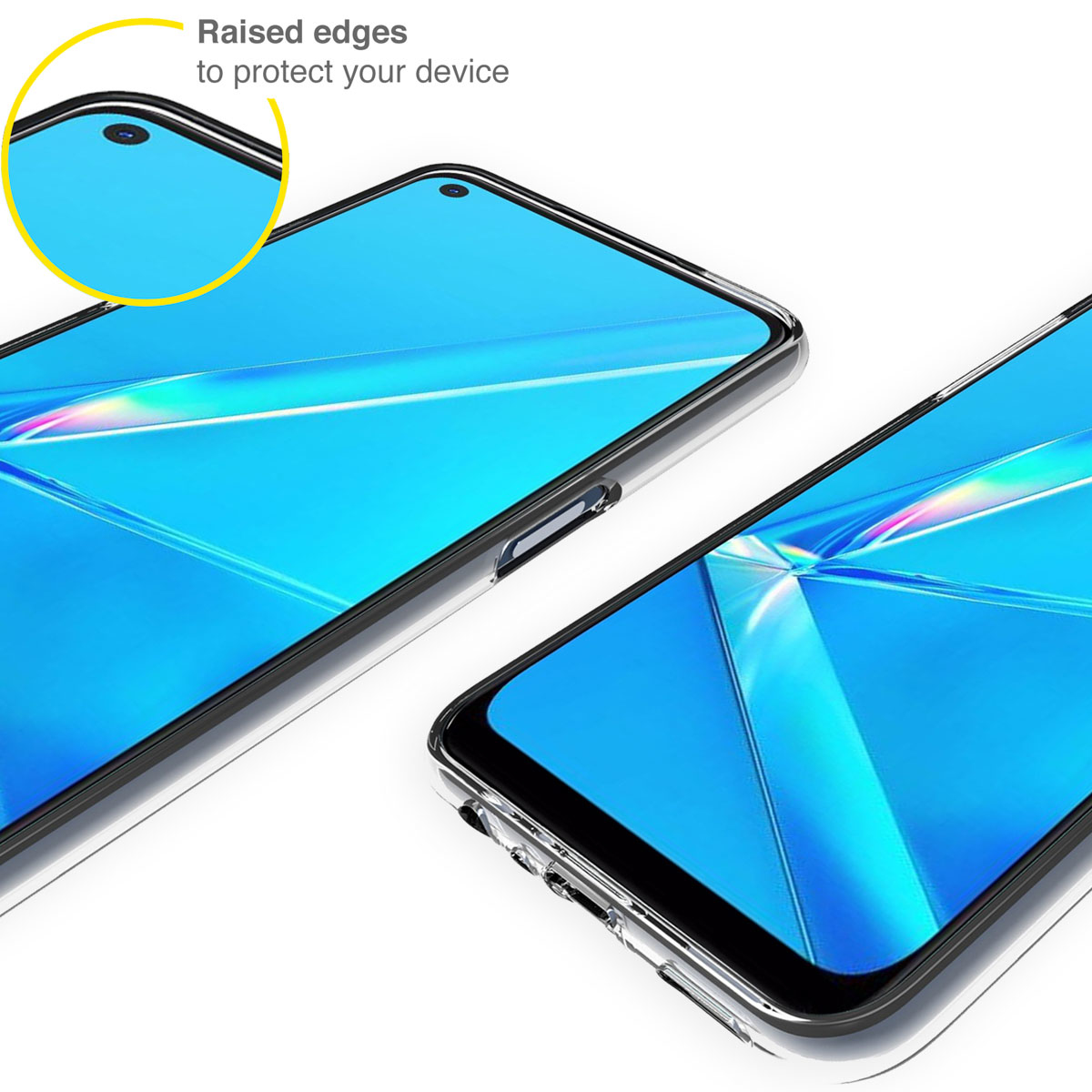 Close-up van telefoonscherm met een doorzichtige hoes. Randen van de hoes zijn verhoogd.