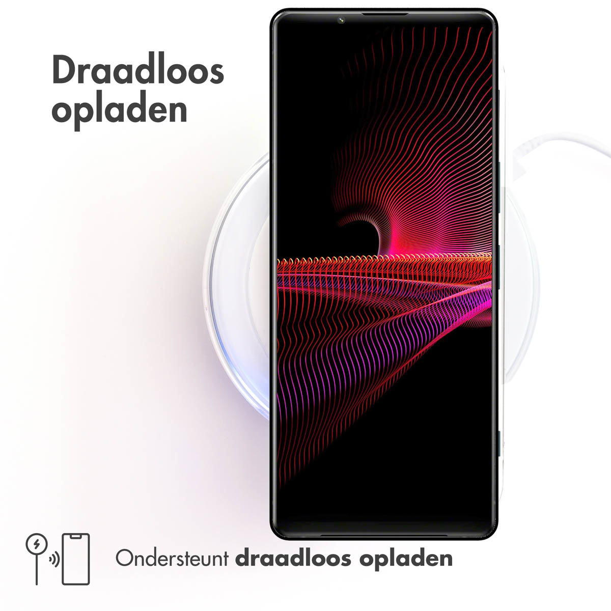 Telefon auf einem kabellosen Ladegerät, mit Text über kabelloses Laden und unterstützendem Symbol.