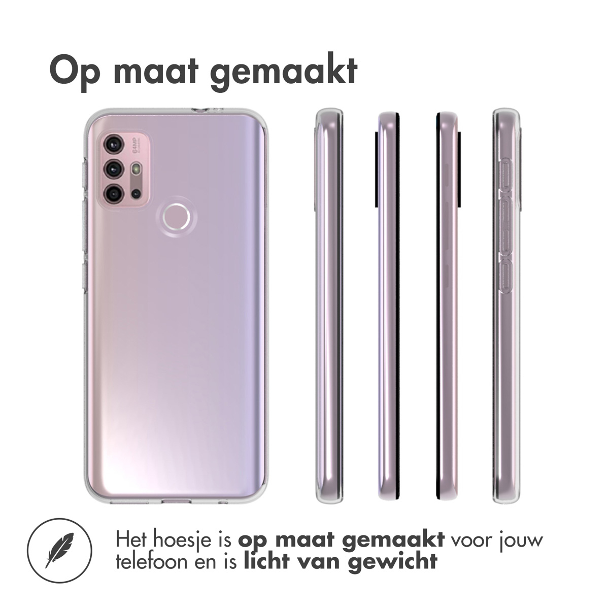 Een telefoon in een roze hoesje. Er worden drie weergaven van de hoes en de telefoon getoond.