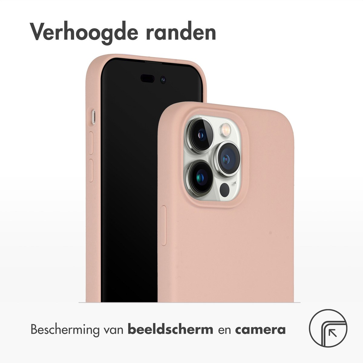 Een roze telefoonhoesje, ter bescherming van een telefoon. De hoes heeft verhoogde randen om het scherm en de camera te beschermen.