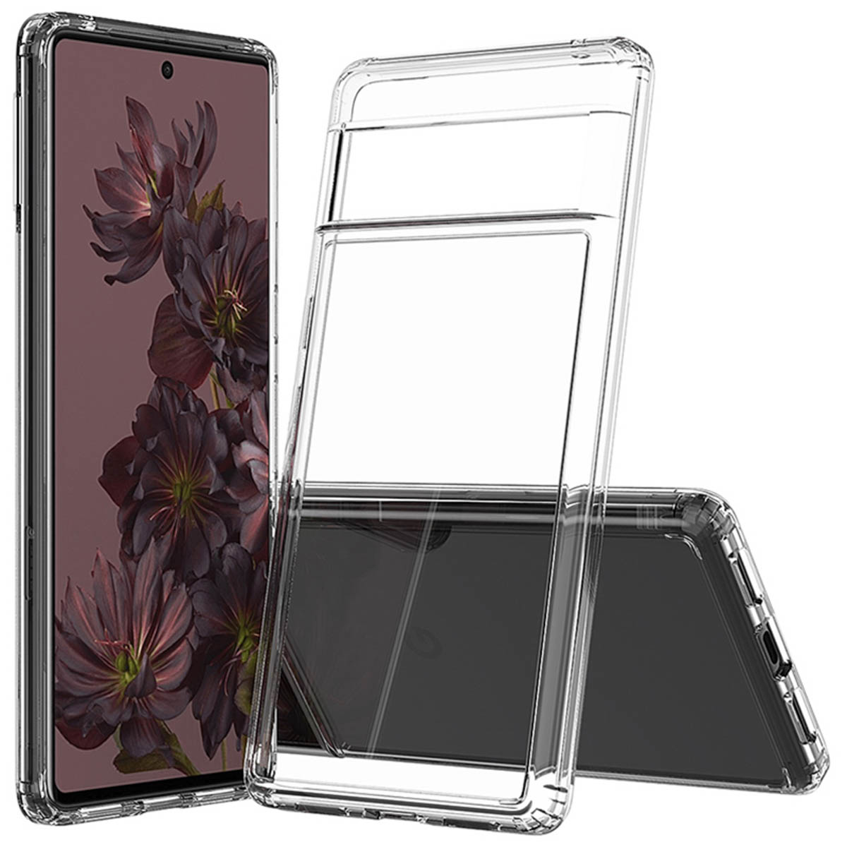 Coque transparente sur un téléphone avec fond sombre. Trois téléphones sont présentés.