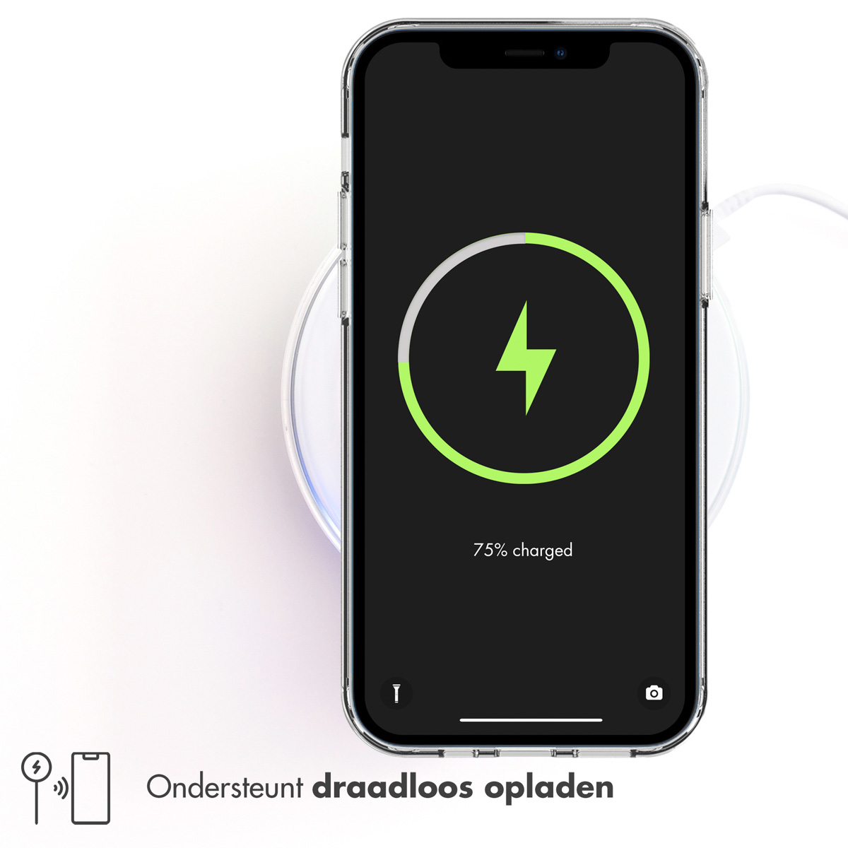 Schwarzes Telefon, das kabellos geladen wird, mit einem grünen Blitzsymbol auf dem Bildschirm.