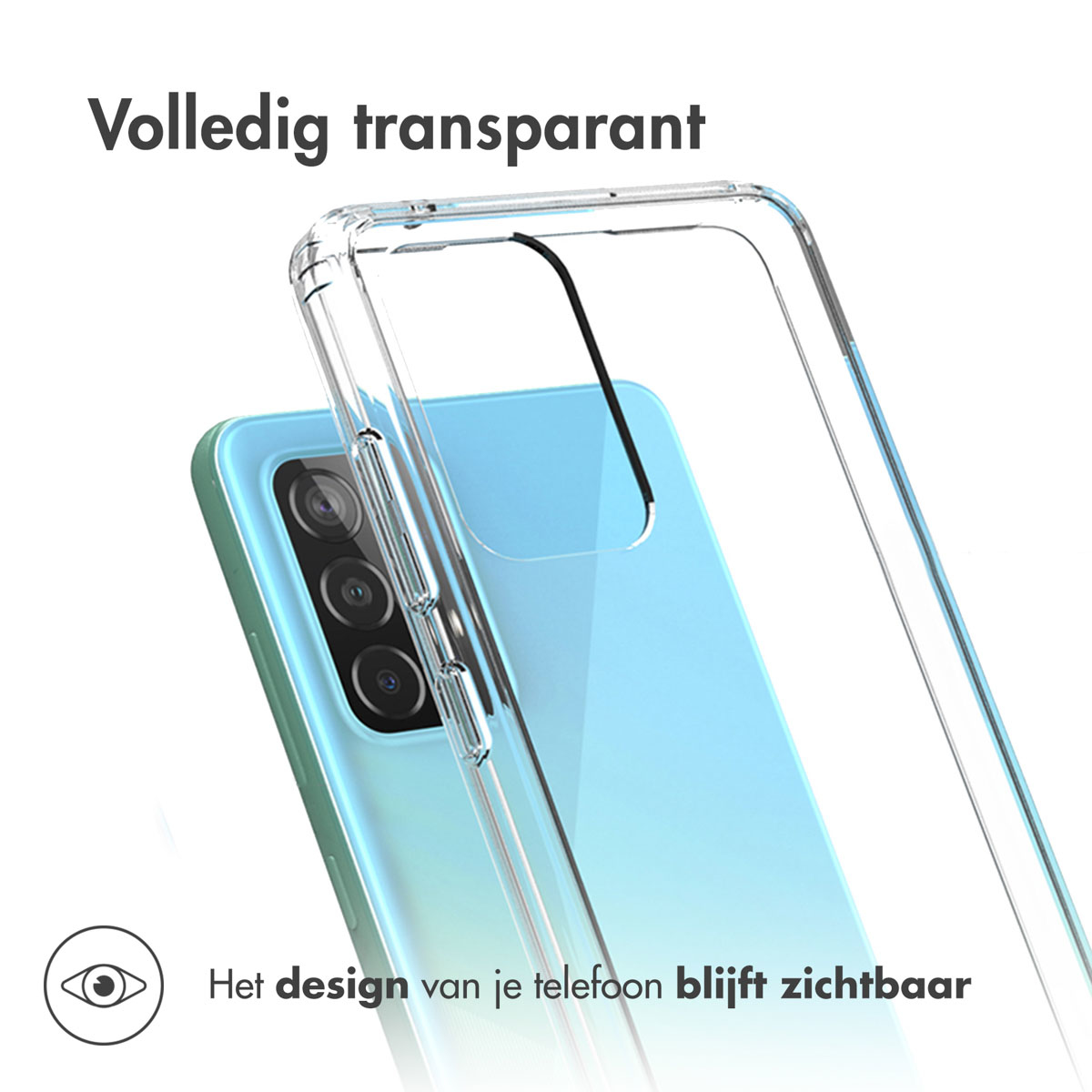 Een doorzichtige telefoonhoes op een telefoon. Tekst: Volledig transparant. Het ontwerp blijft zichtbaar.