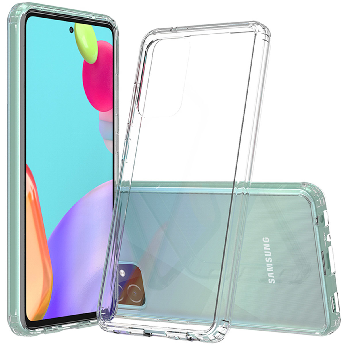 Transparante telefoonhoes op een telefoon. De telefoon is groen. De hoes is doorzichtig en heeft een groene tint.