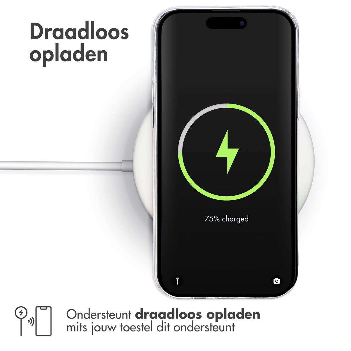 Téléphone en charge sans fil, écran affiche 75%. Le chargeur est blanc.