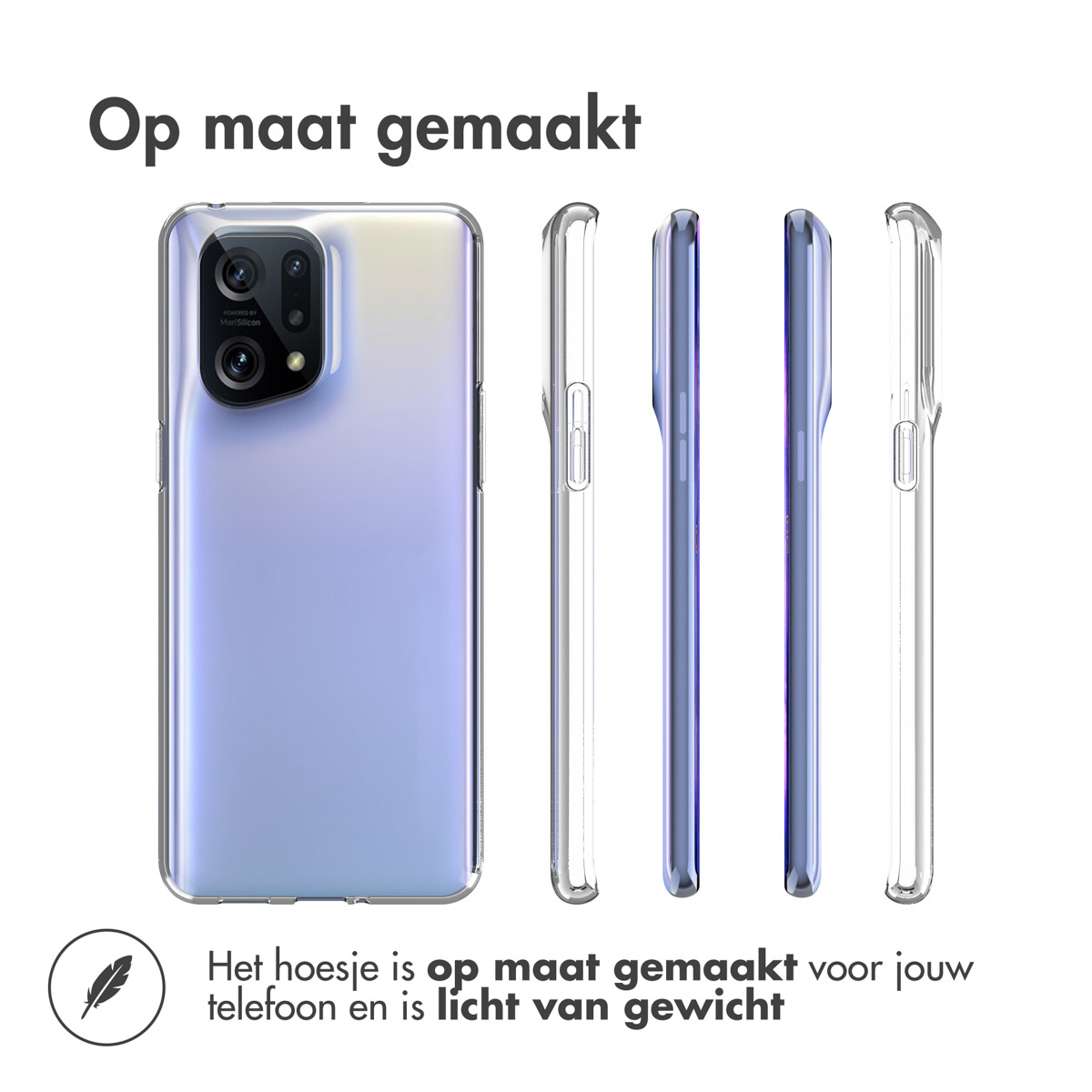 Coque de téléphone transparente sur un téléphone, avec du texte en haut et en bas. Plusieurs vues latérales sont également visibles.