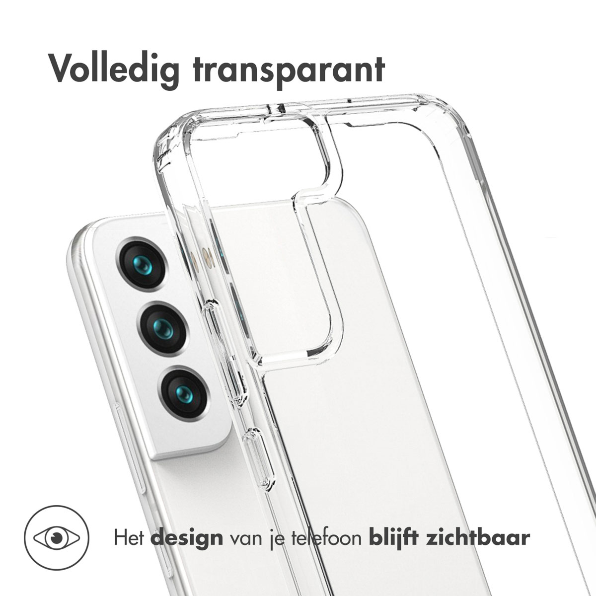 Een telefoon in een doorzichtig hoesje. Het ontwerp van de telefoon is zichtbaar. De tekst zegt: 'Het design van je telefoon blijft zichtbaar'.