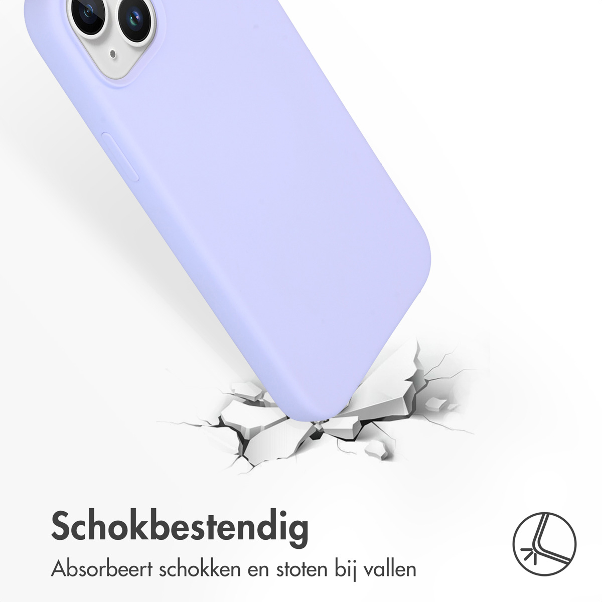 Lila Handyhülle wird fallen gelassen. Die Hülle wird in einem Winkel gezeigt und trifft auf eine Oberfläche. Risse sind sichtbar.