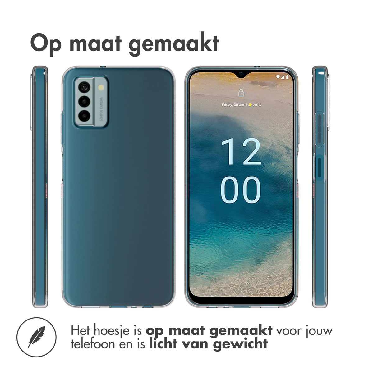 Telefoon in een doorzichtige hoes. Zijaanzichten van de hoes. Tekst: 'Op maat gemaakt'.
