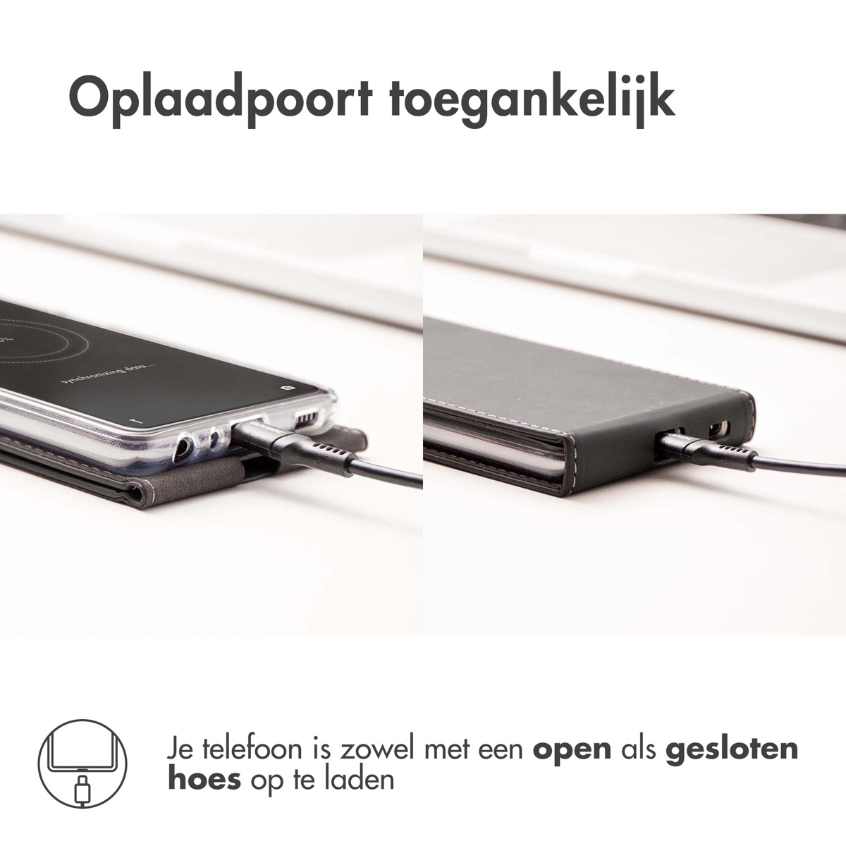 Des images montrent un téléphone en charge. Il a une coque, et le chargeur peut être branché avec ou sans la coque.