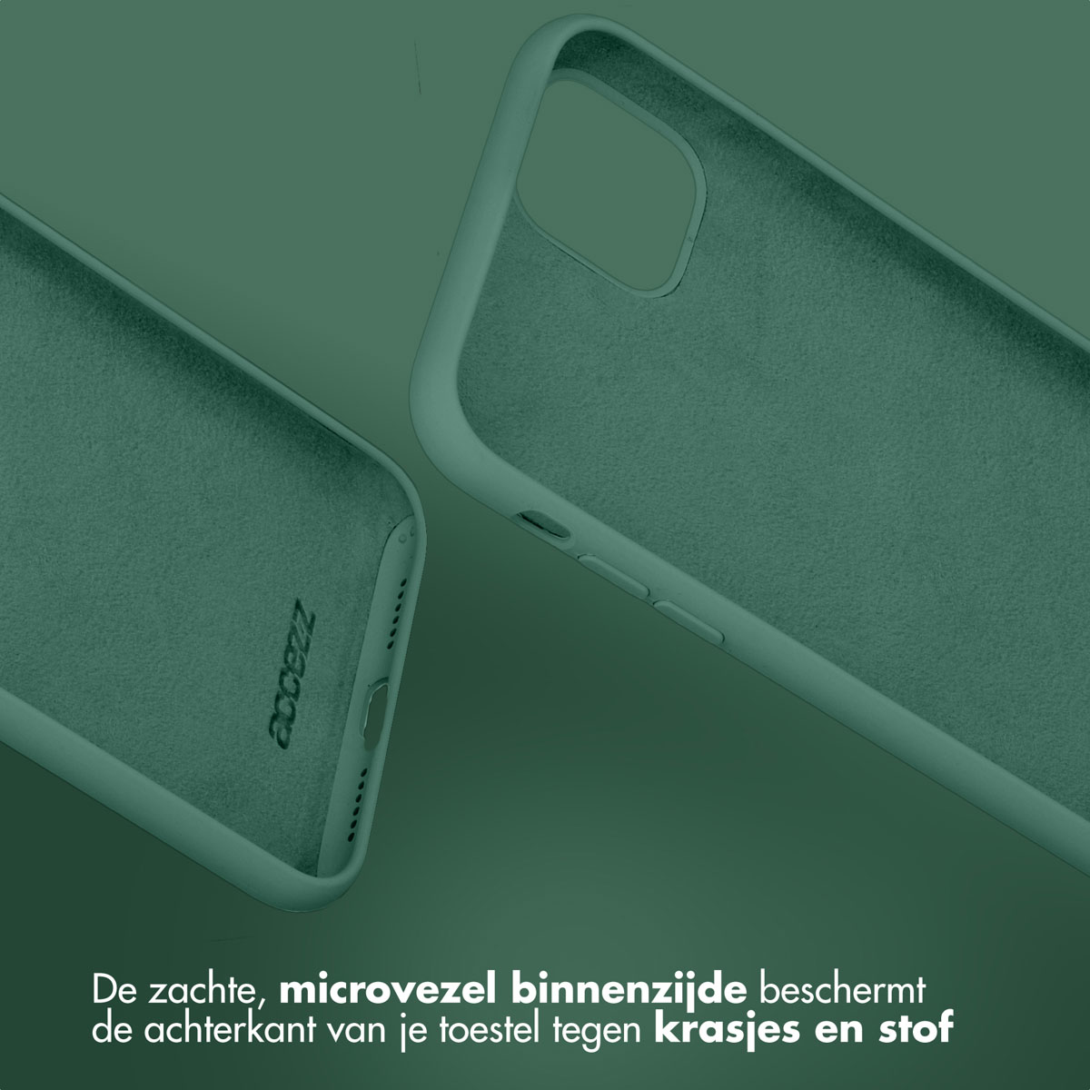 Twee telefoonhoesjes. Tekst: 'De zachte microvezel binnenkant beschermt de achterkant...'