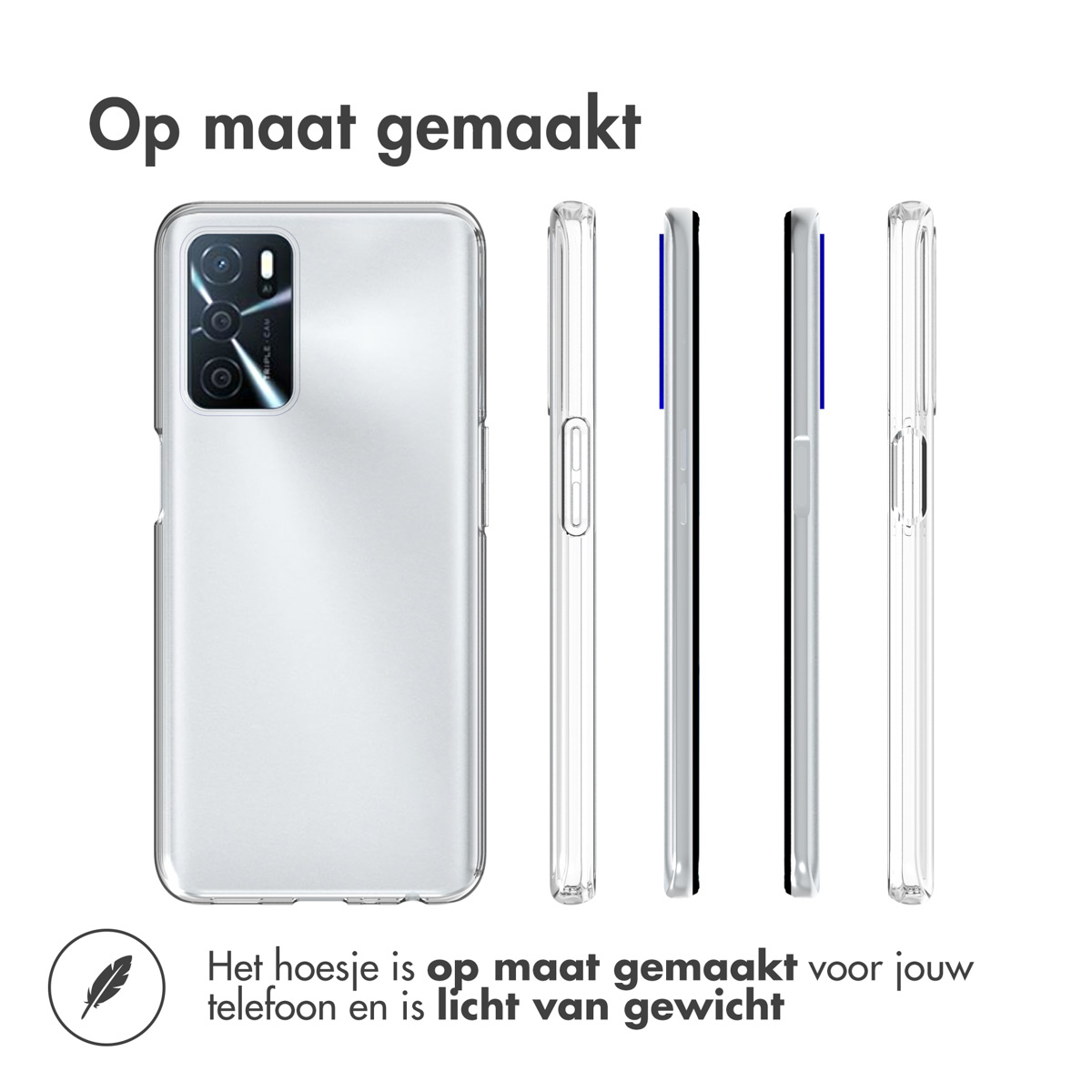 Coque transparente, avec quatre vues, sur fond blanc.