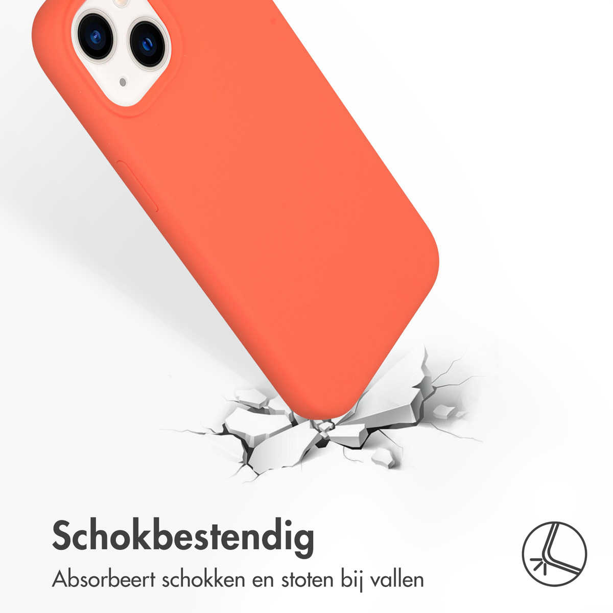 Oranje telefoonhoes met impact scheuren eronder. Tekst: Schokbestendig. Absorbeert schokken bij vallen.