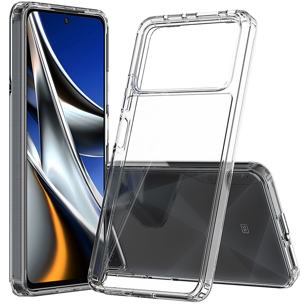 Coque transparente sur un téléphone avec fond sombre. Trois téléphones sont présentés.