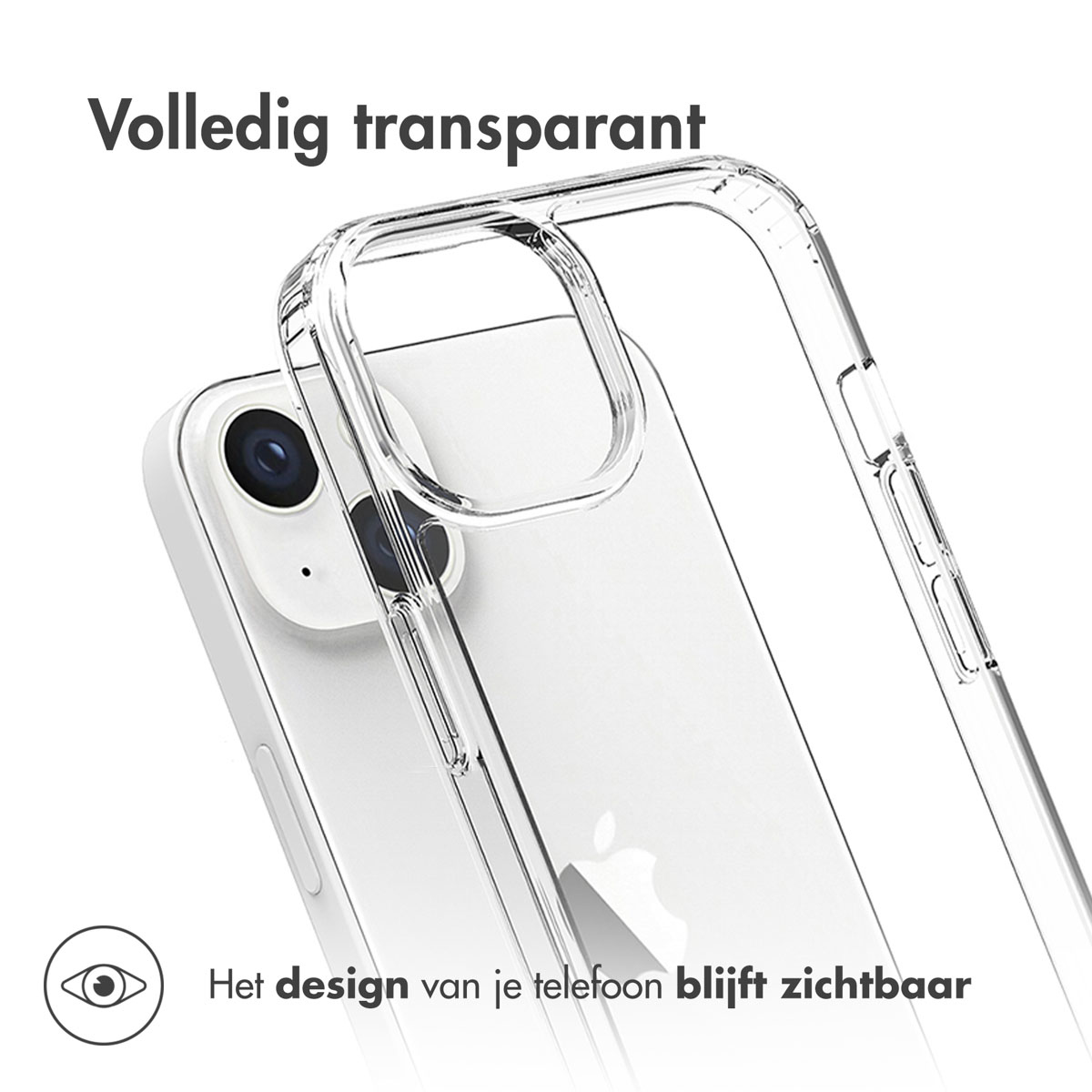 Witte telefoon met doorzichtige hoes, toont het design door de hoes.