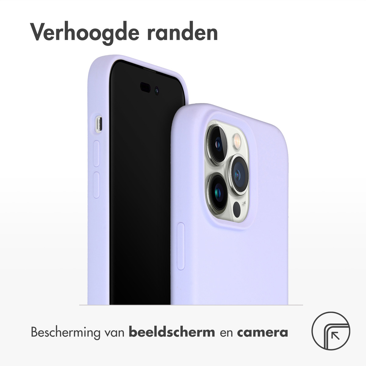 Twee telefoons met hoesjes, één lila. Tekst: Verhoogde randen. Bescherming van scherm en camera.