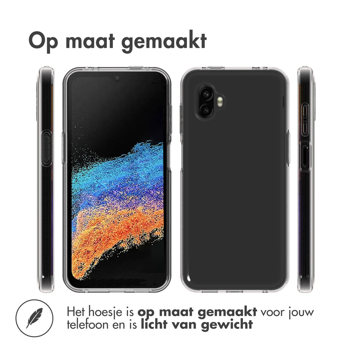 Telefoon in doorzichtige hoes, vanuit verschillende hoeken getoond. Tekst staat bovenaan de afbeelding.