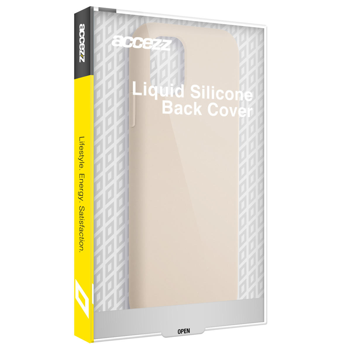 Handyhülle in einer Box. Die Hülle ist beige. Text: 'Liquid Silicone Back Cover'.