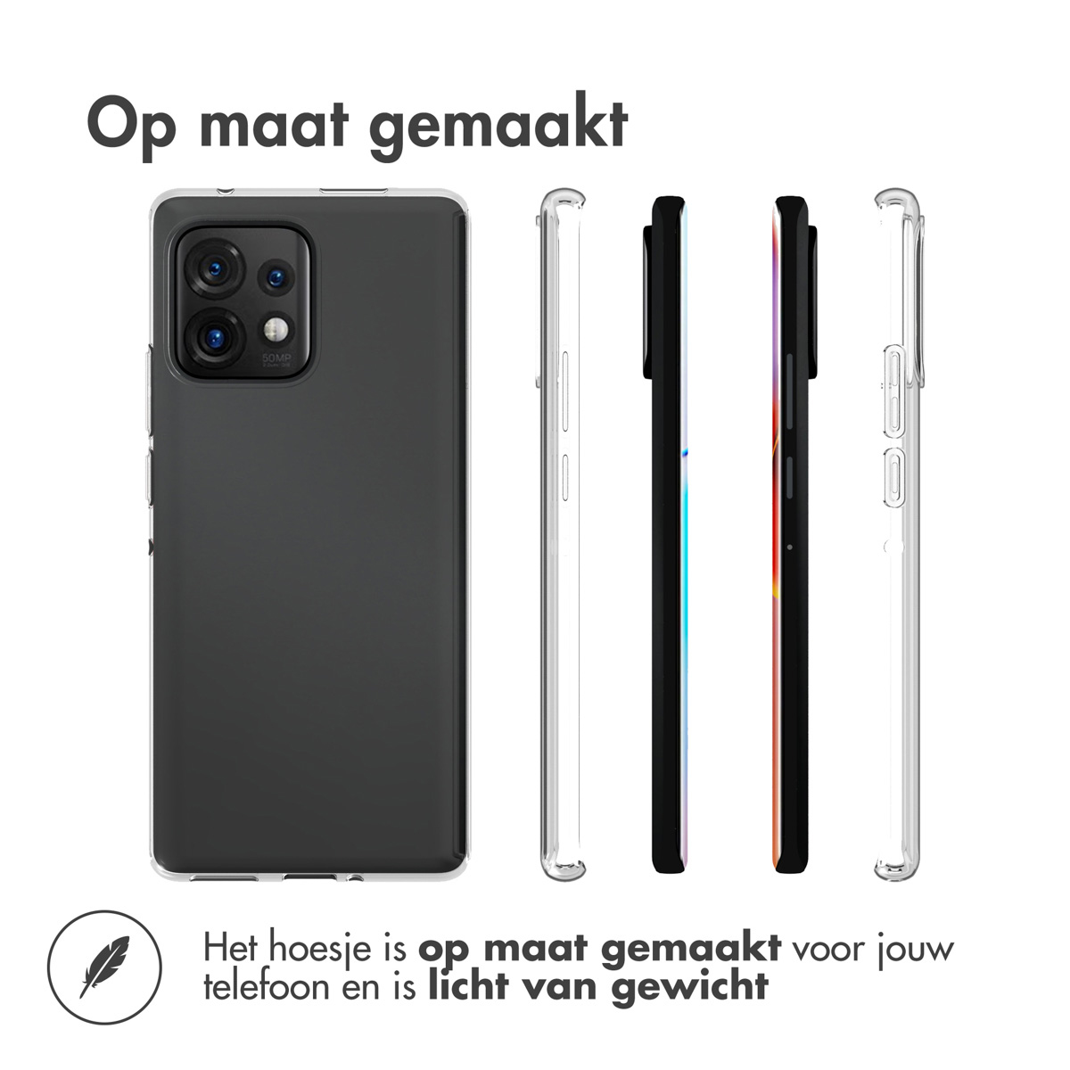 Telefoonhoes met zij- en achteraanzichten. Tekst: Op maat gemaakt. De hoes is licht en op maat gemaakt.